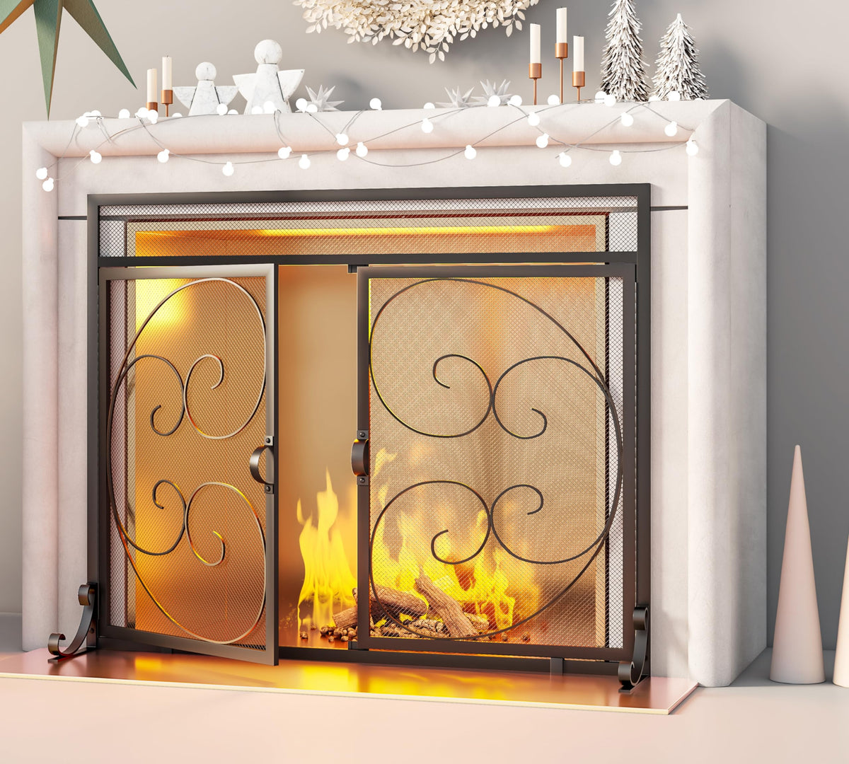 Wrought Iron Fireplace Screen with Magnetic Double Doors Black Y559