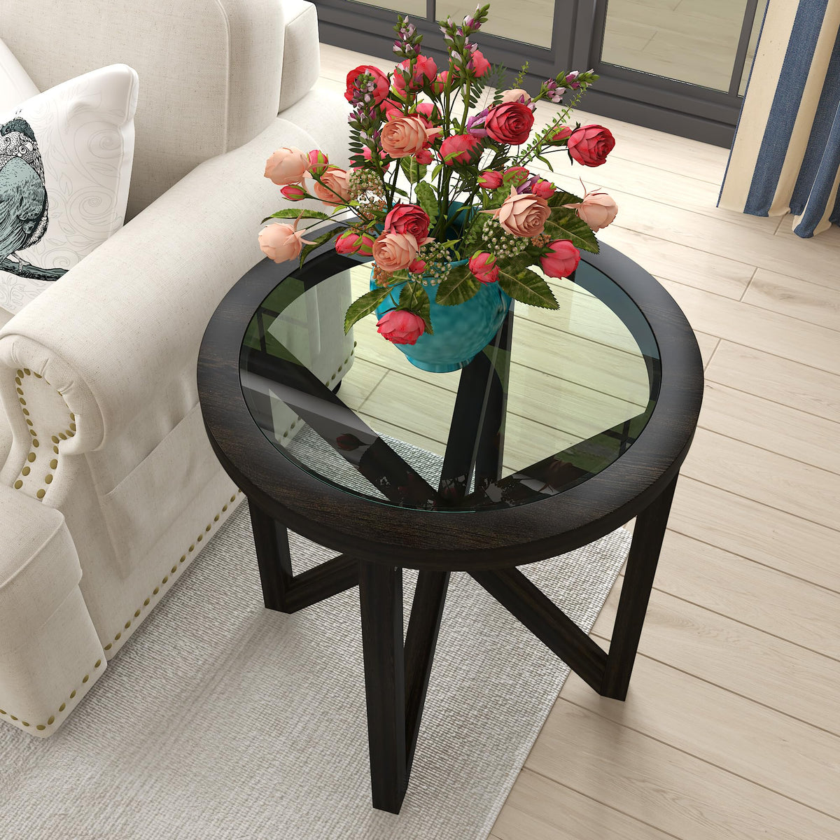 Black Tempered Glass Round Side Table B511756