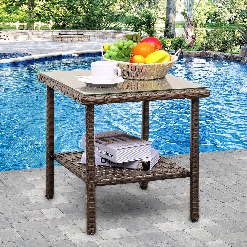 Outdoor PE Wicker Side Table with Glass Top E37860