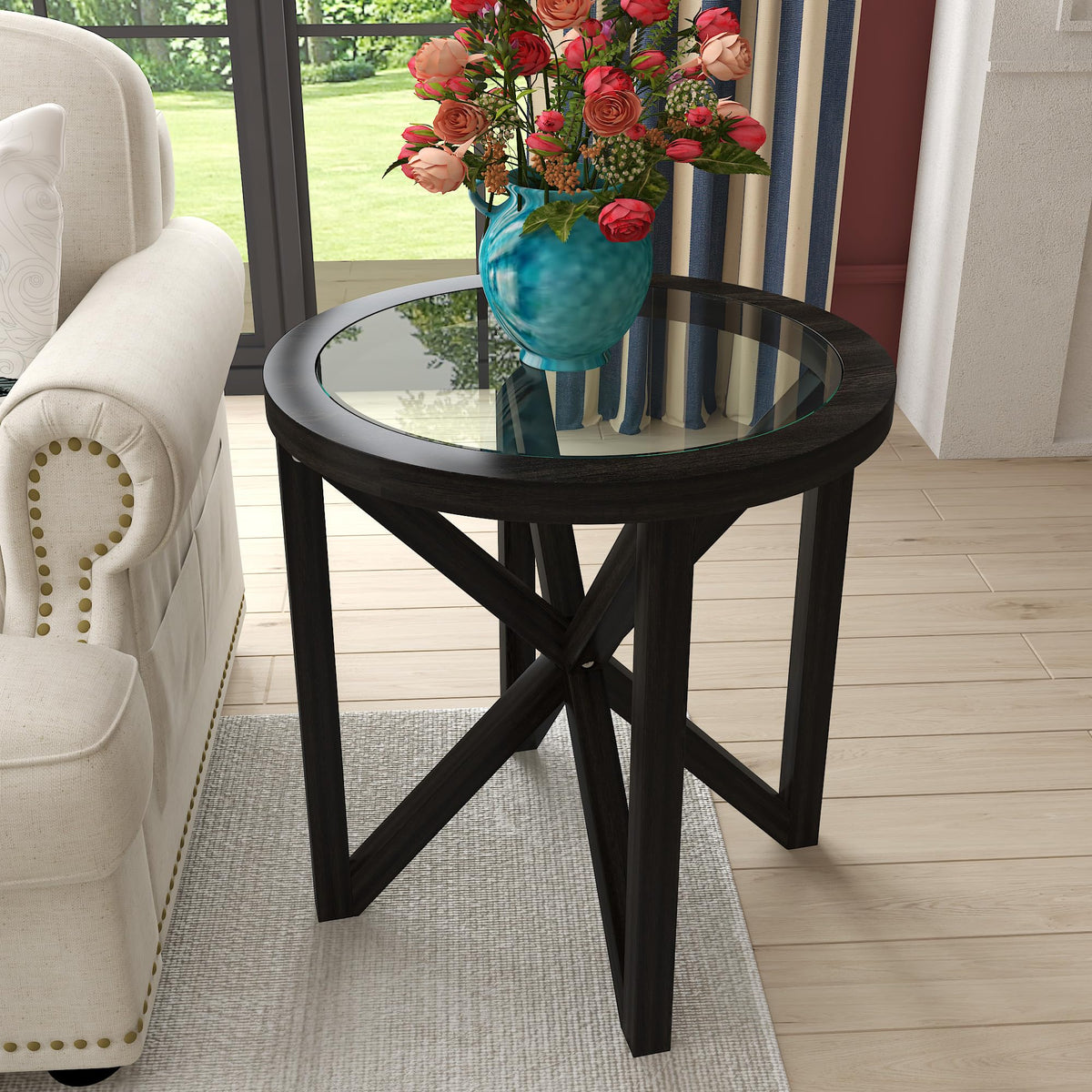 Black Tempered Glass Round Side Table B511756