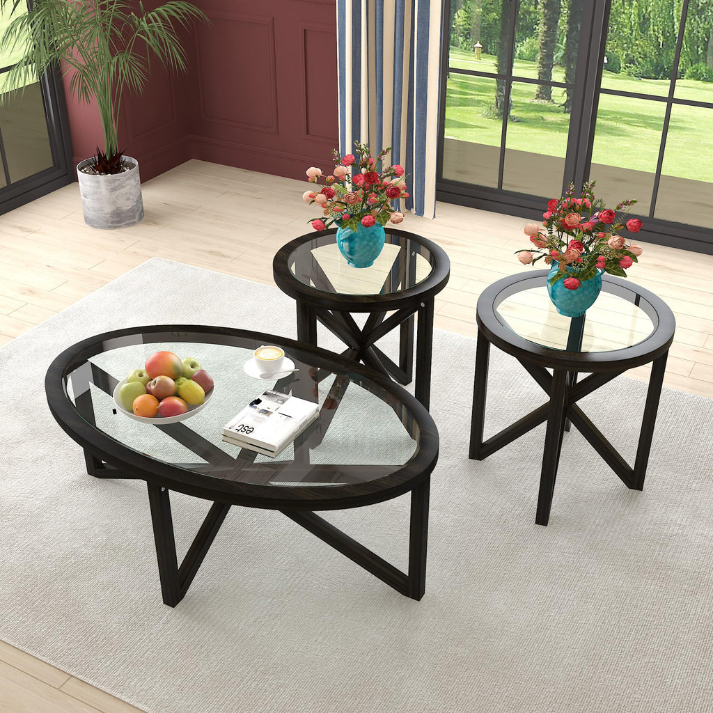 Black Tempered Glass Round Side Table B511756
