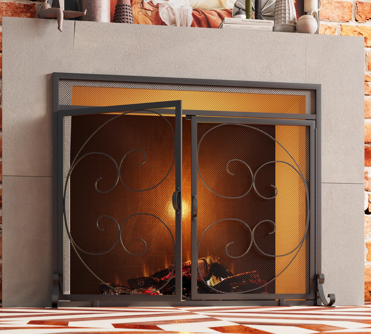 Wrought Iron Fireplace Screen with Magnetic Double Doors Black Y559